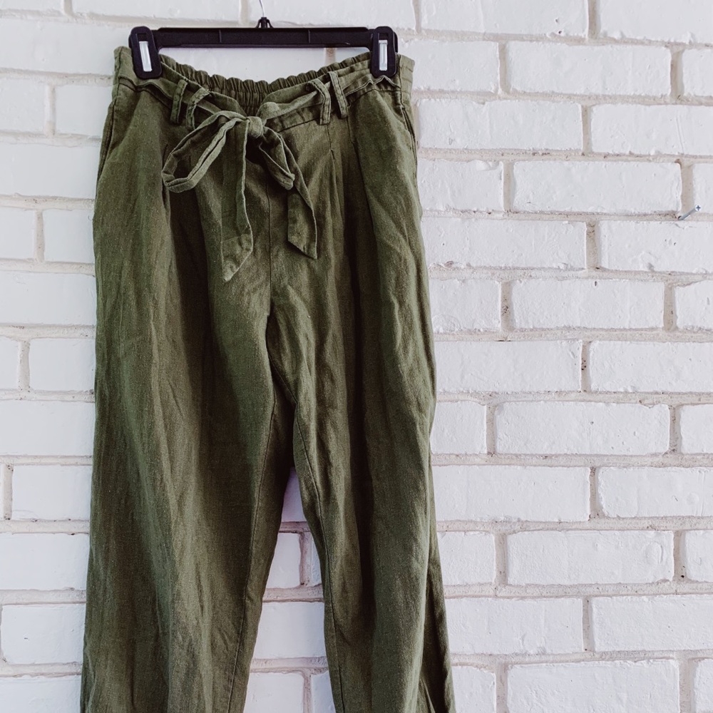 Army green paper bag pants with tie waist
